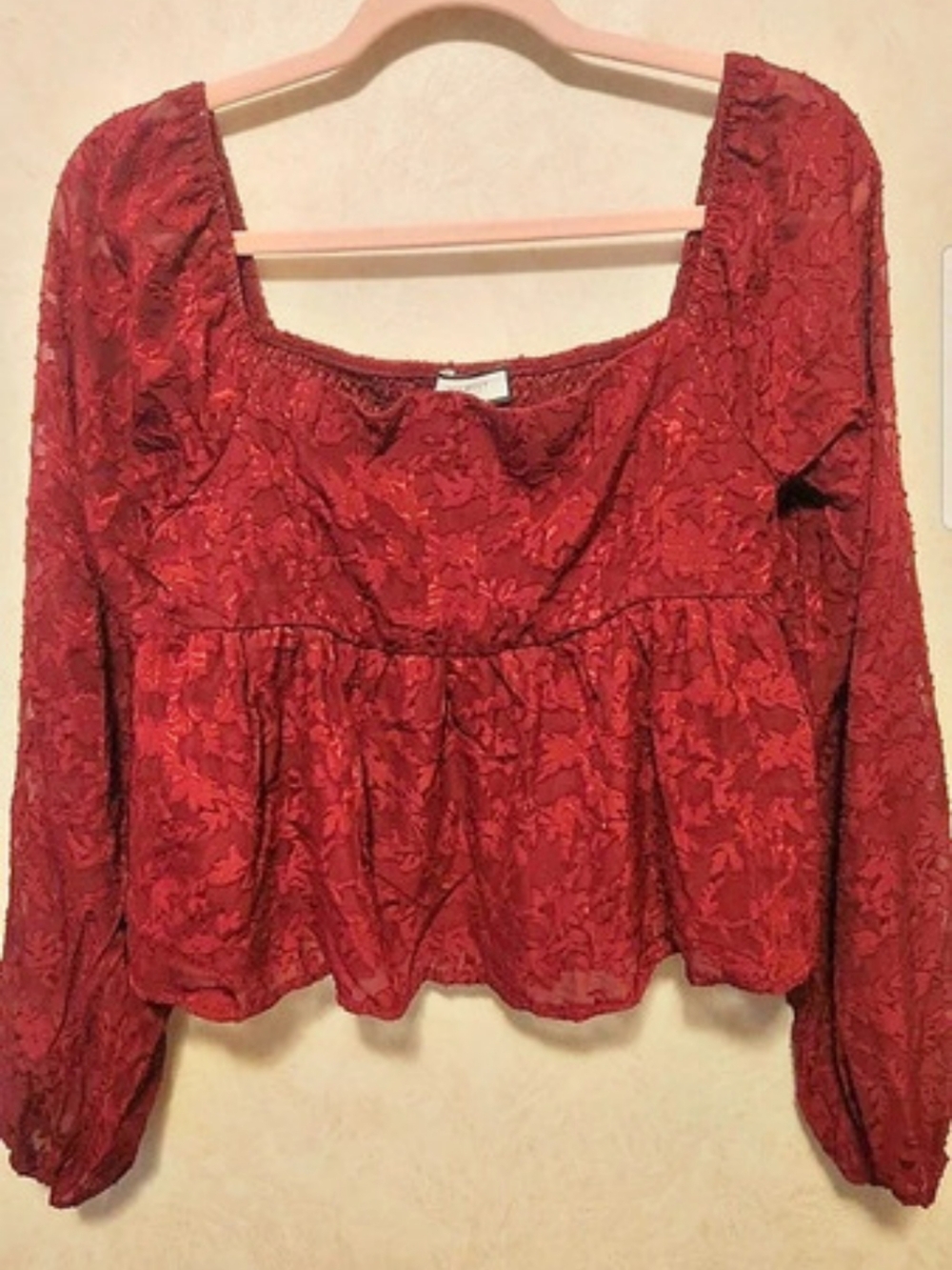 Discreet Burgundy Long Sleeve Cropped Blouse Size XL